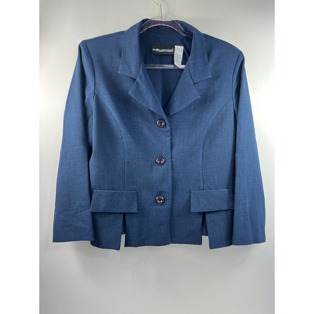 Sag Harbor Jacket Women's Sz 12 Blue Long Sleeves 2 Front Slits 3 Button